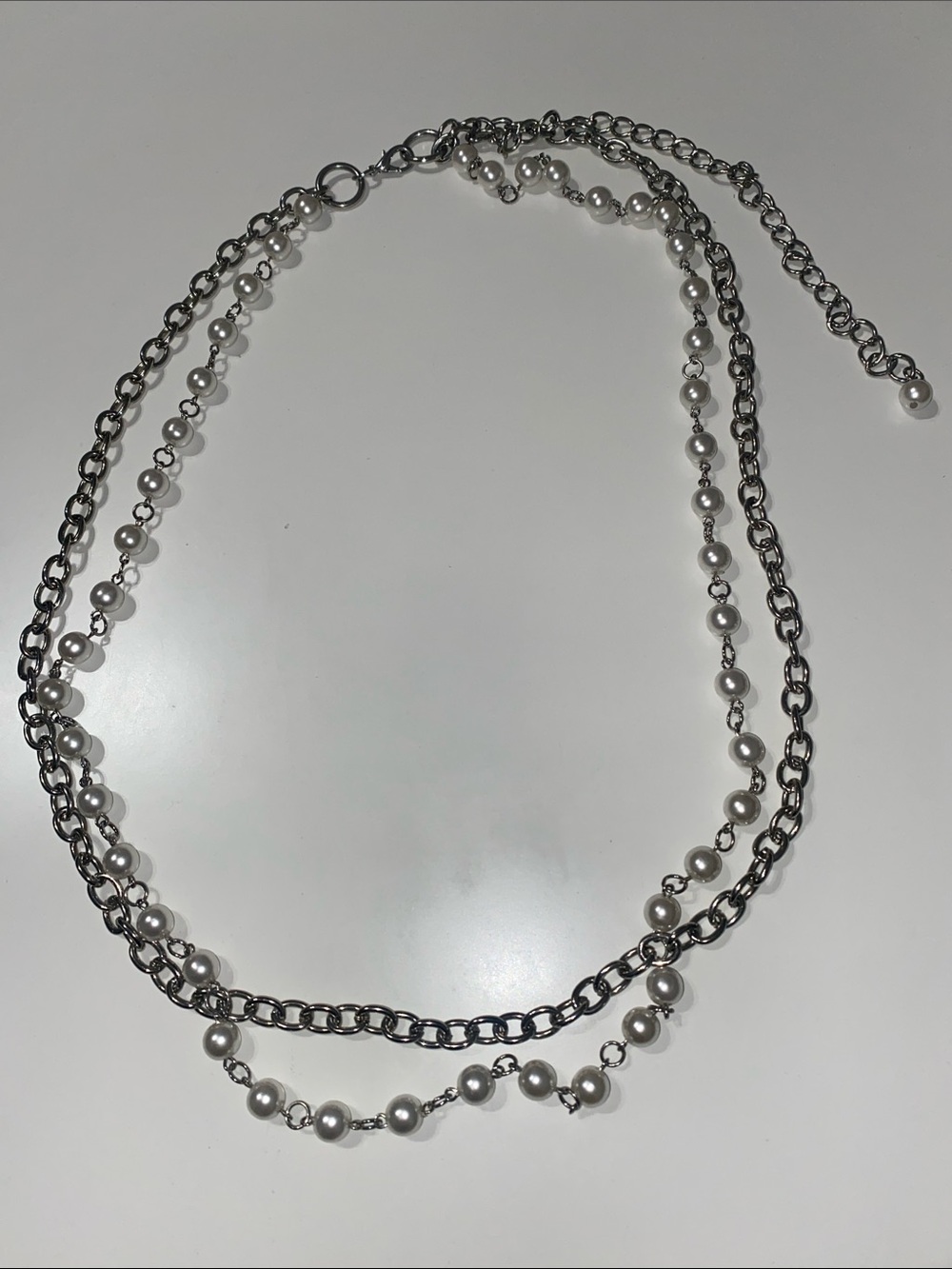 Layered Pearl Tone and Silver Chain Belt or Necklace